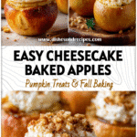 Golden baked apples filled with creamy cheesecake filling sprinkled with cinnamon and crumbs.